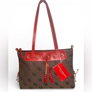 Dooney & Bourke Brown Monogram Tote with Red Trim